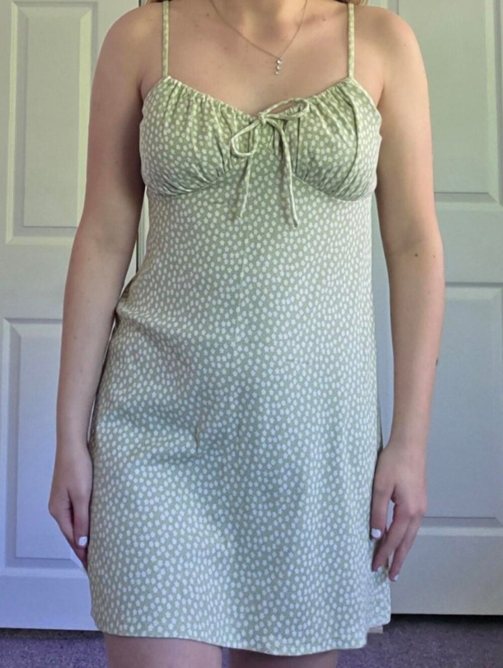 AE Light Sage Green & White Floral Ribbed Mini Tank Dress Tie-Front, Size XL